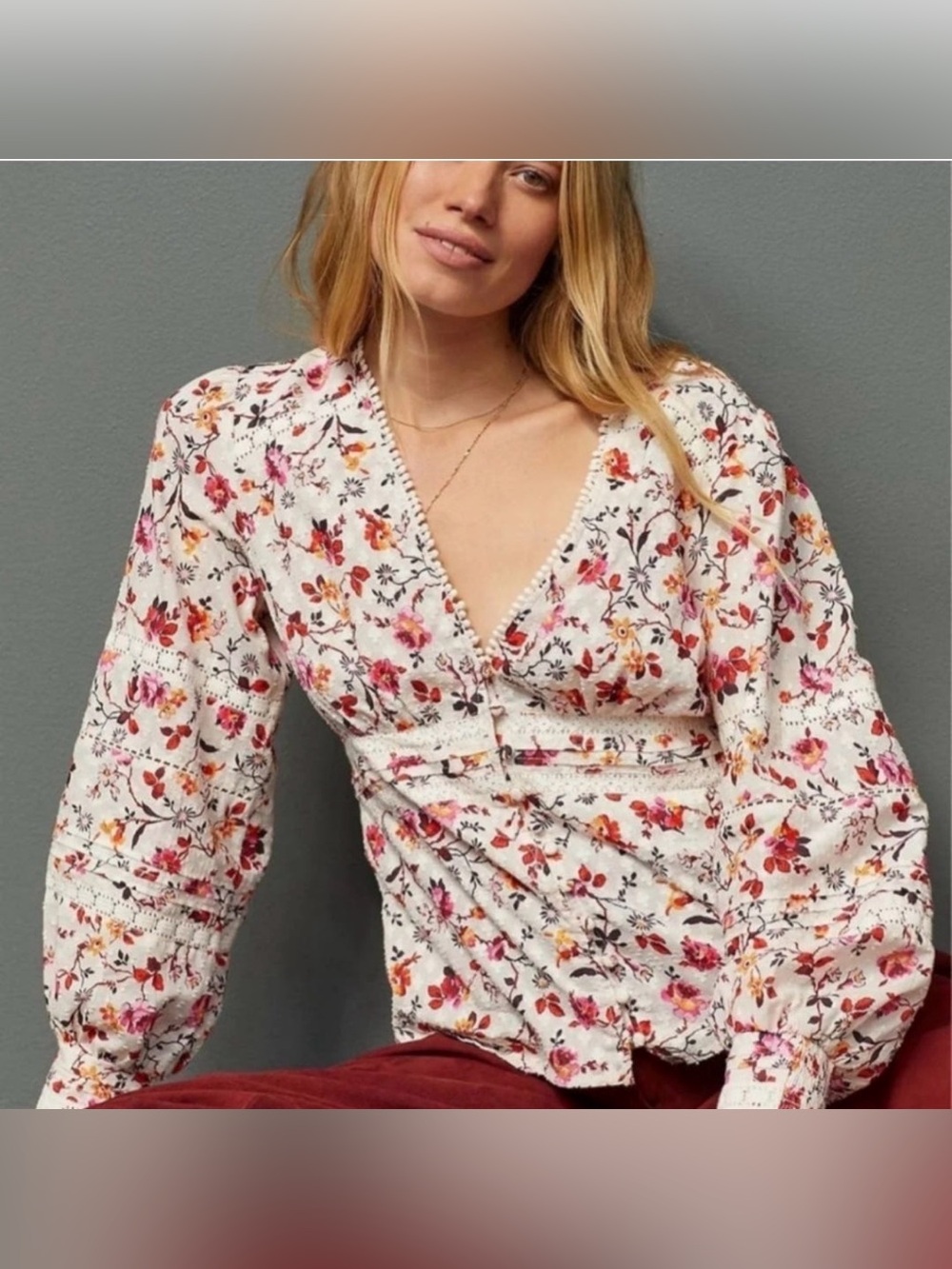 Anthropologie Puff-Sleeved Lace Buttondown Blouse Cottagecore Boho Size 8 - Picture 2 of 11